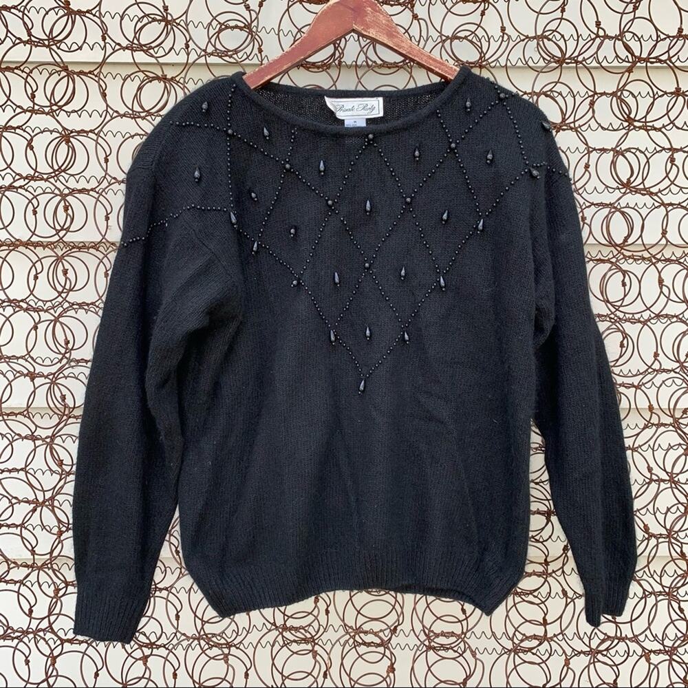 Vintage 90s black angora blend sweater diamond beaded argyle